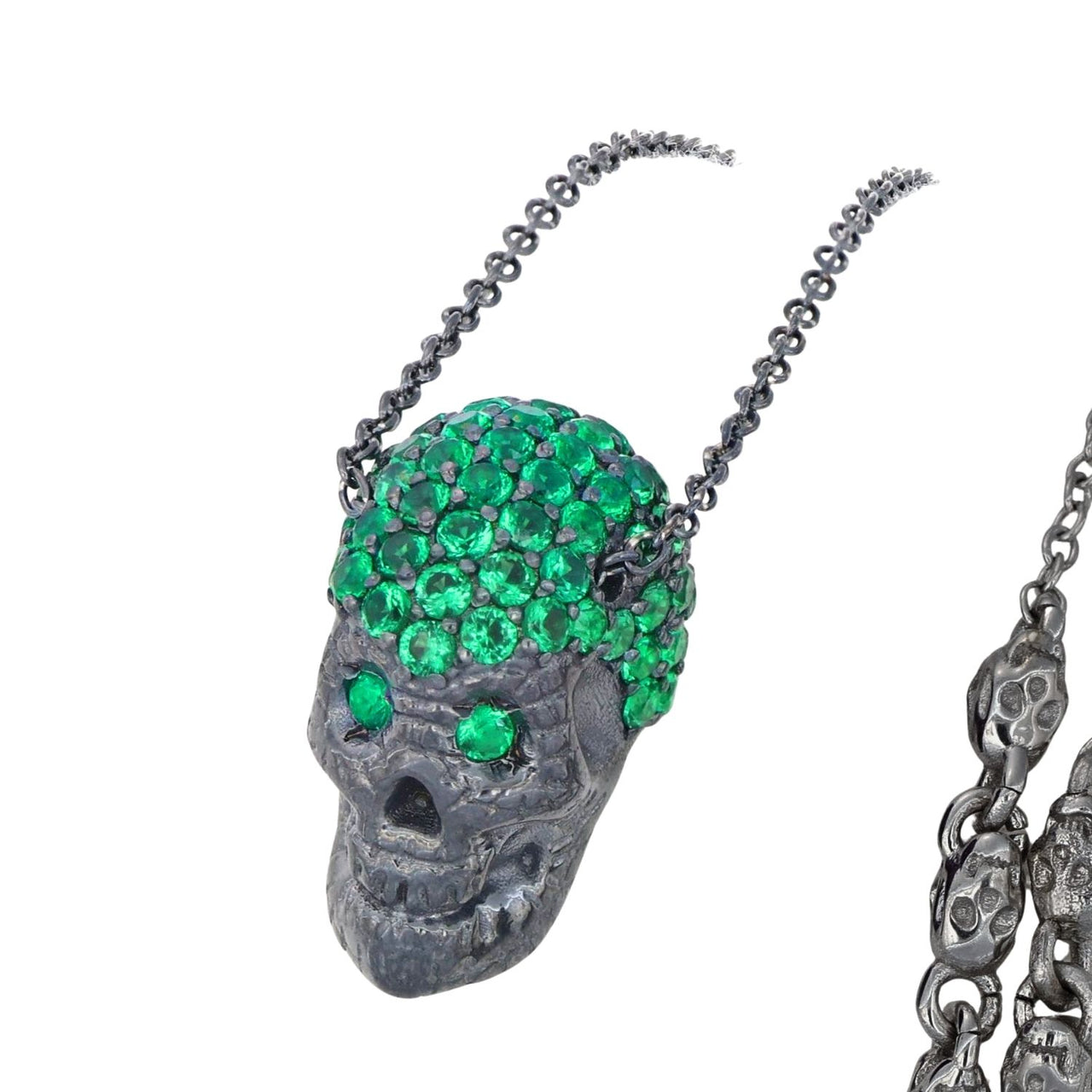 Black Pavé Skull XL Necklace With Green Stones