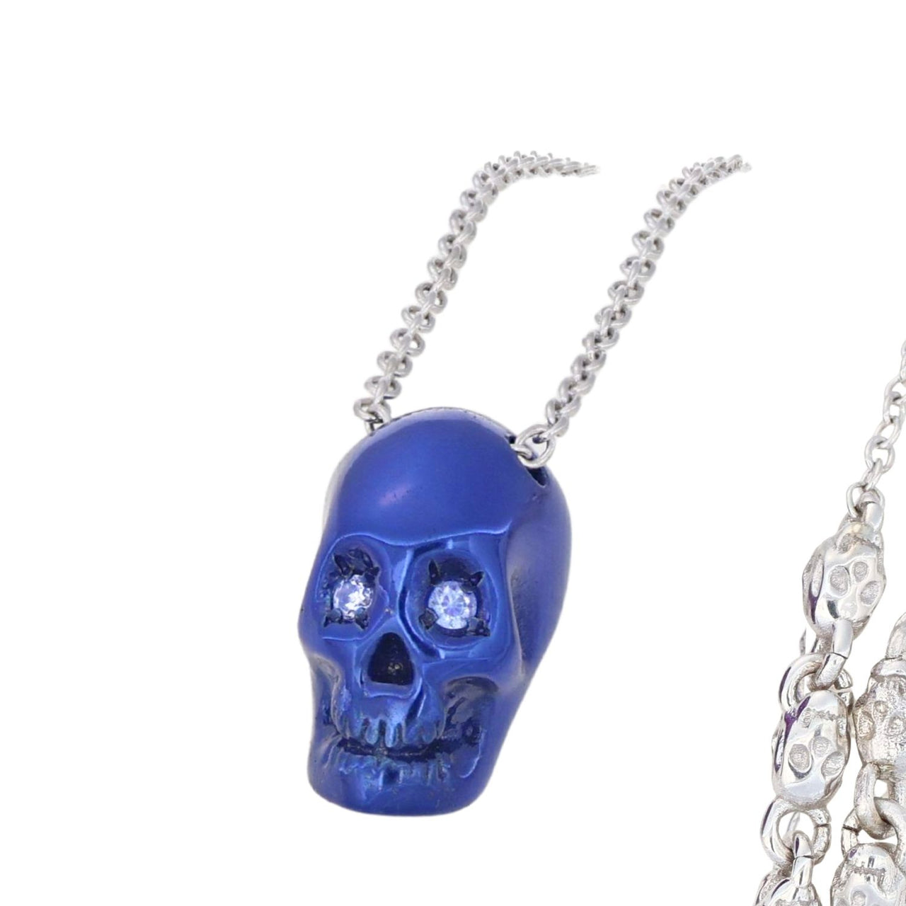 Smooth Skull Necklace With Blue Nanoceramic Coating And White Stones
