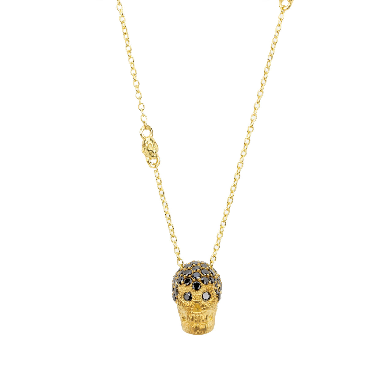 Yellow Pavé Skull Necklace With Black Stones
