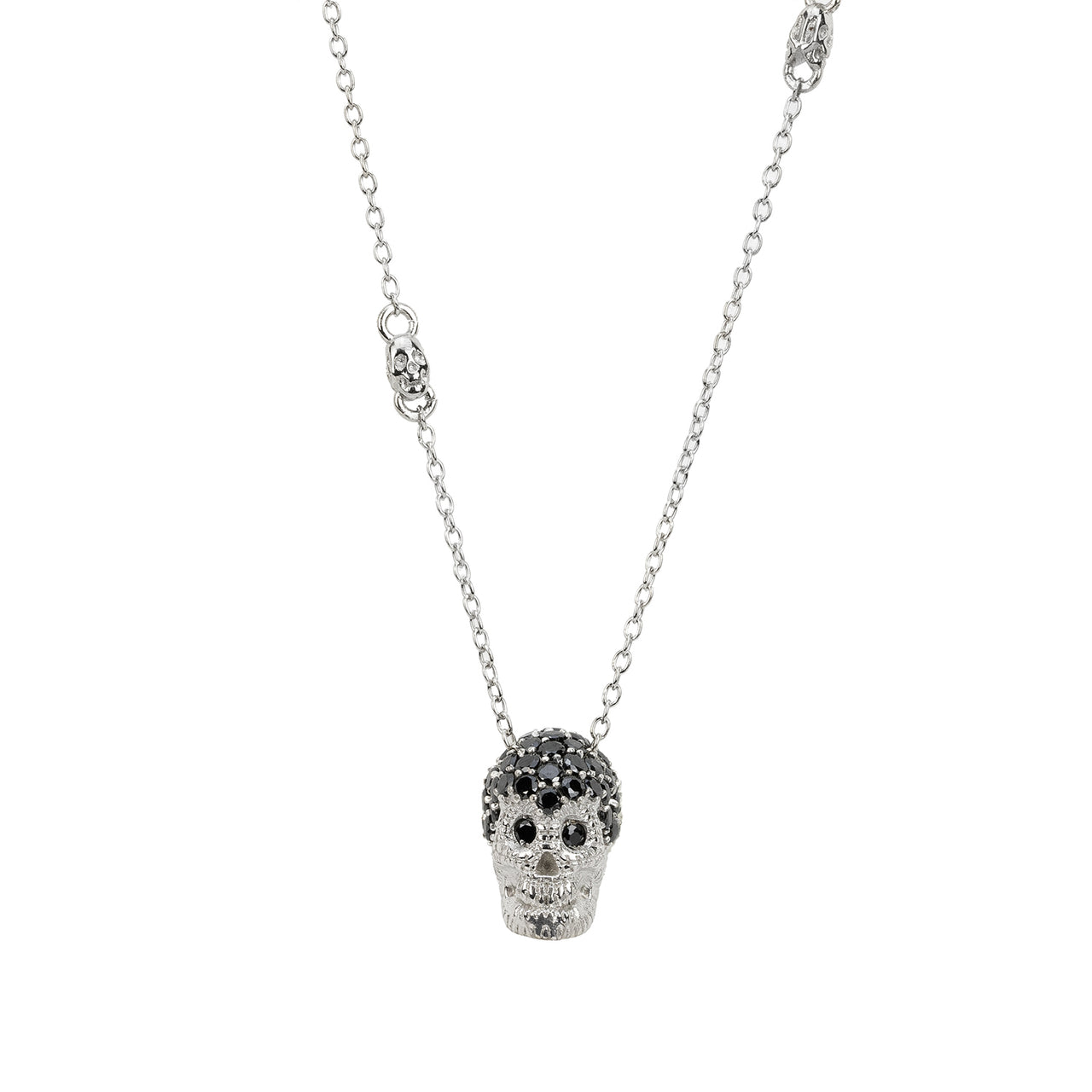 White Pavé Skull Necklace With Black Stones