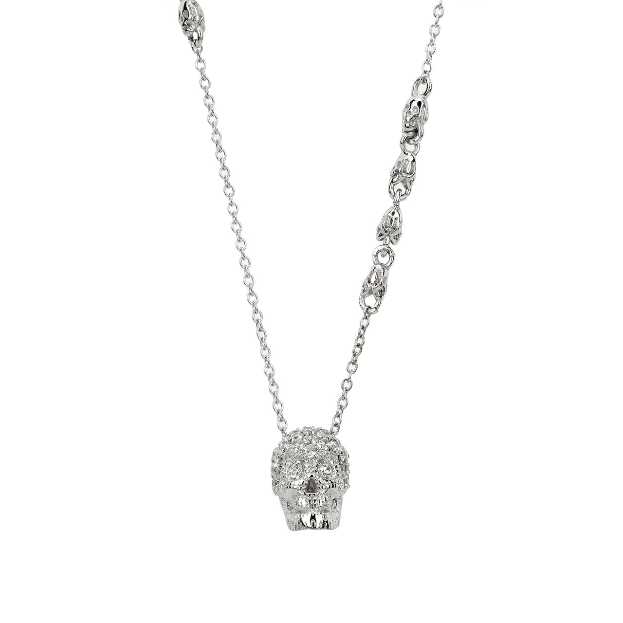 White Pavé Skull Necklace With White Stones