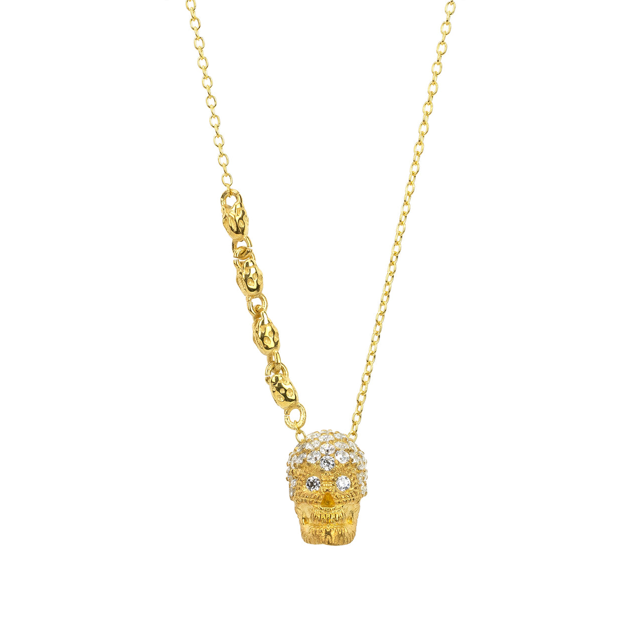 Yellow Pavé Skull Necklace With White Stones