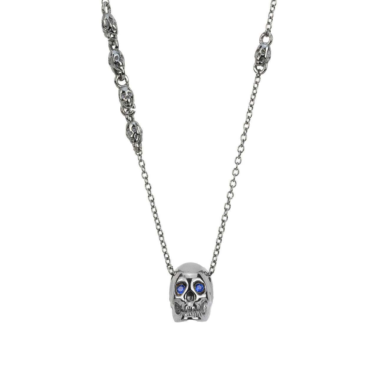 Smooth Black Skull Necklace With Blue Stones