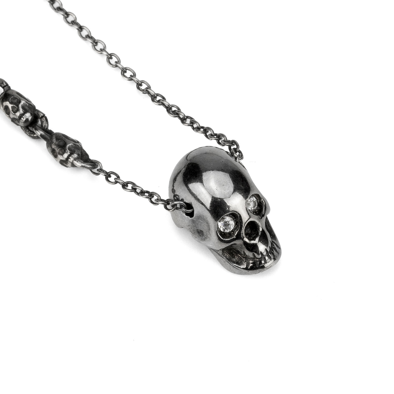 Smooth Black Skull Necklace With White Stones