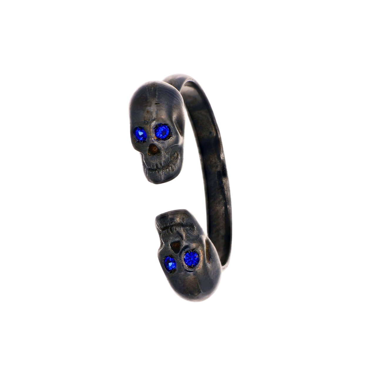 Black Double Skull Ring With Blue Stones