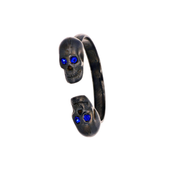 Black Double Skull Ring With Blue Stones