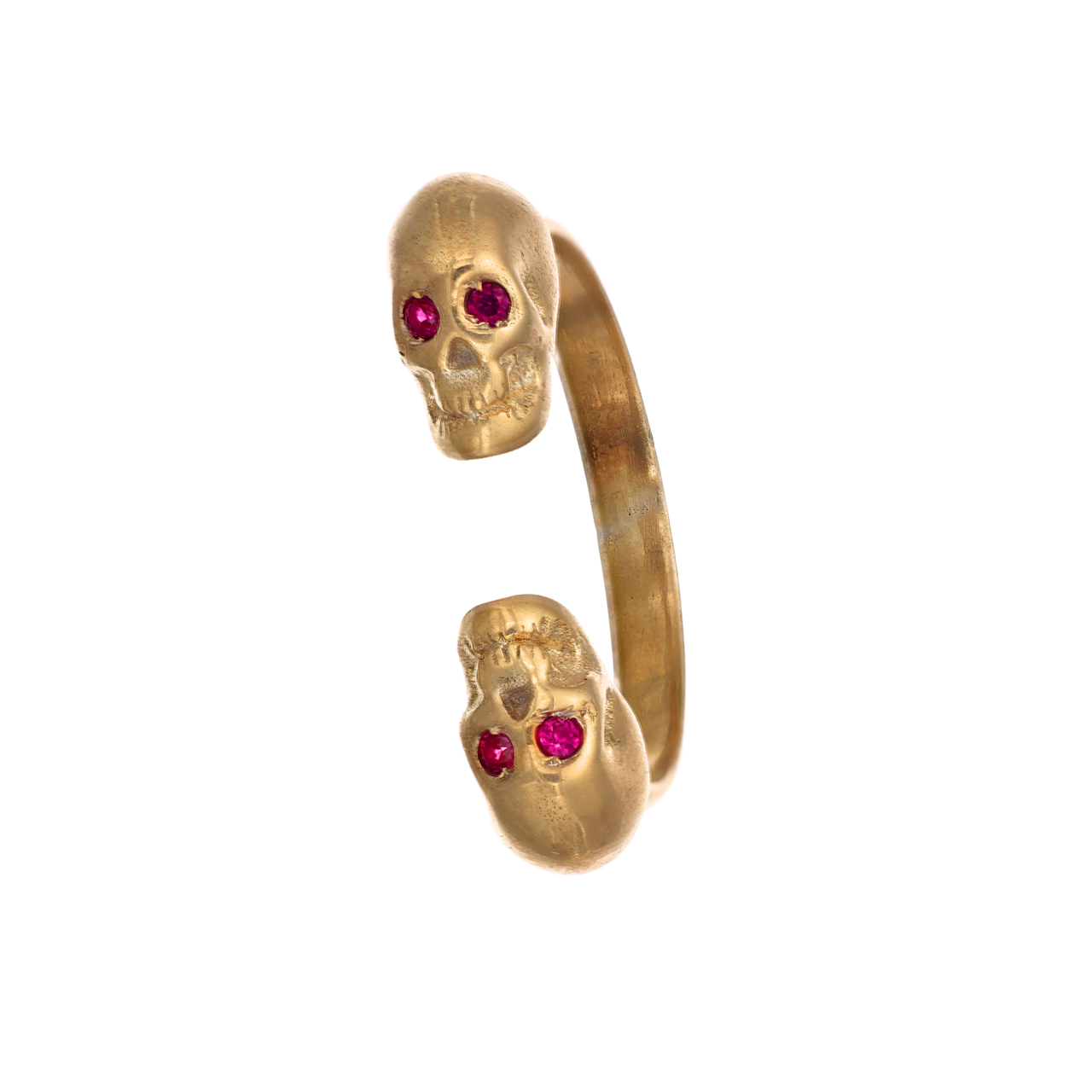 Yellow Double Skull Ring With Red Stones
