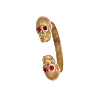 Yellow Double Skull Ring With Red Stones