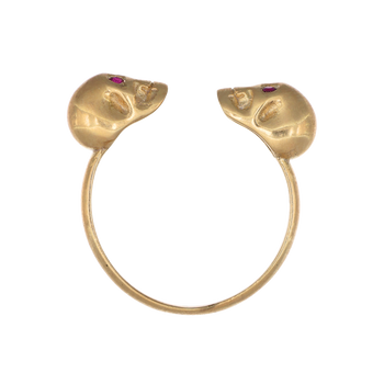 Yellow Double Skull Ring With Red Stones