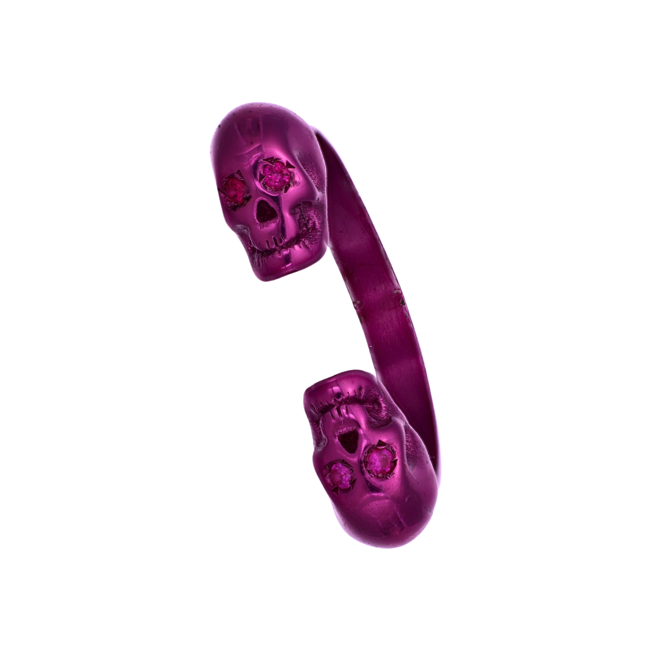 Double Skull Ring  With Fucshia Nanoceramic Coating And Fuchsia Stones