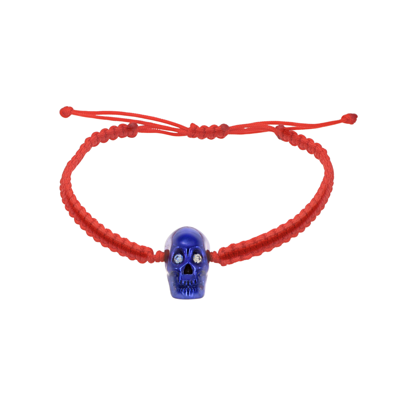 Red Braided Bracelet With Smooth Skull Blue Nanoceramic And White Stones