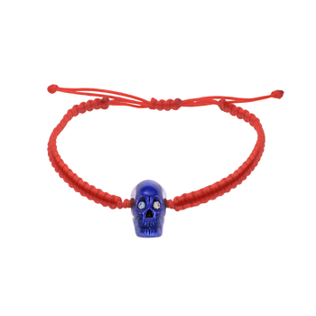 Red Braided Bracelet With Smooth Skull Blue Nanoceramic And White Stones