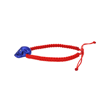 Red Braided Bracelet With Smooth Skull Blue Nanoceramic And White Stones