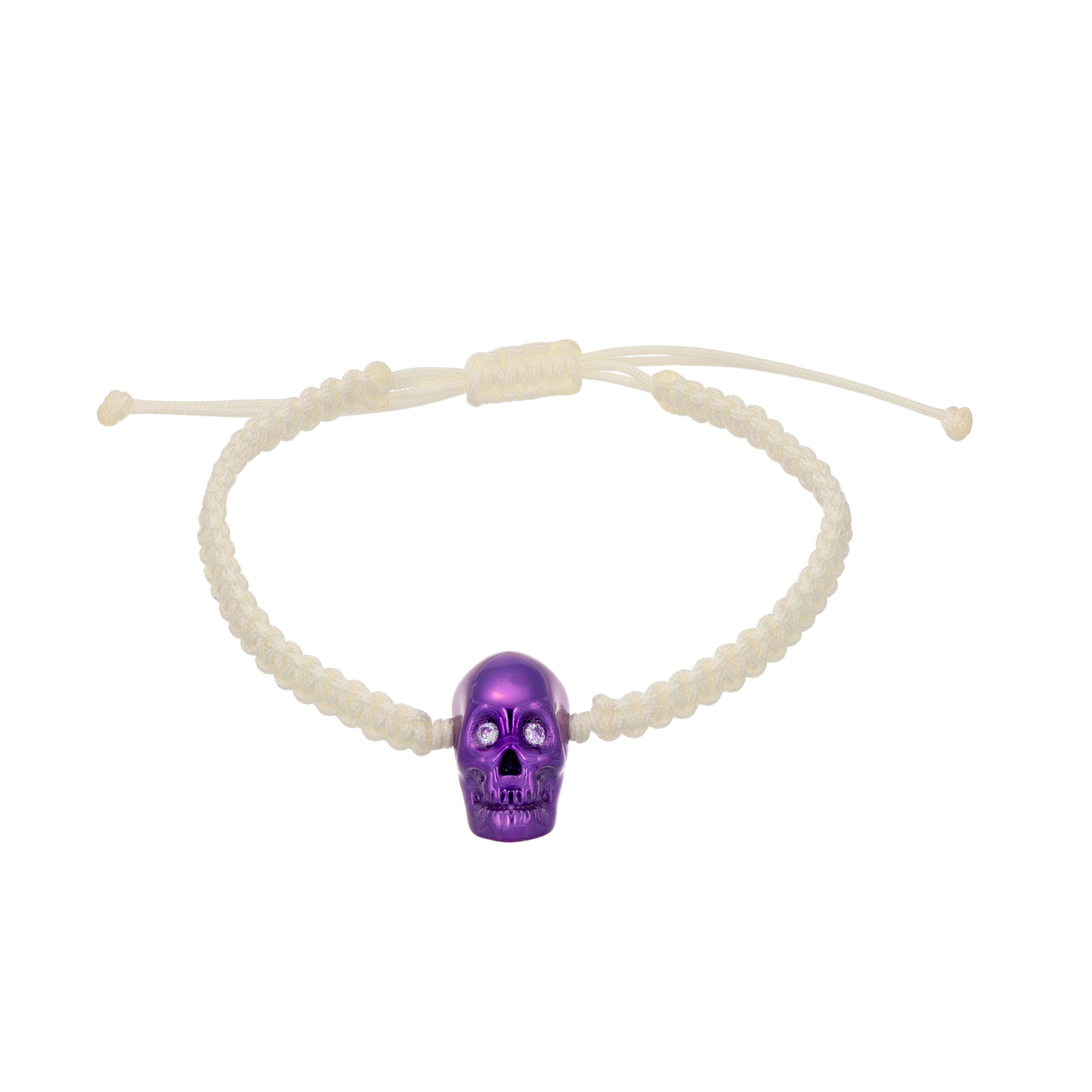 White Braided Bracelet With Smooth Skull XL Purple Nanoceramic And Violet Stones