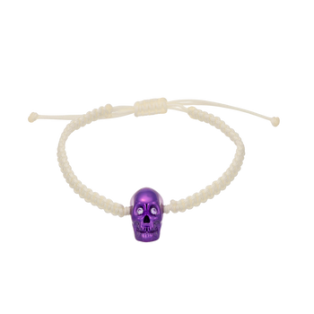 White Braided Bracelet With Smooth Skull XL Purple Nanoceramic And Violet Stones