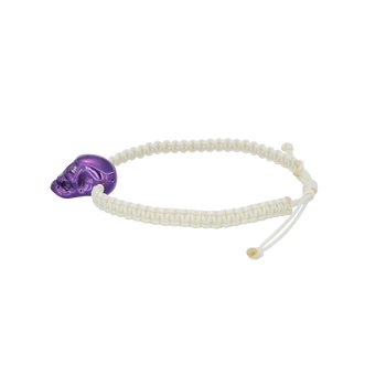 White Braided Bracelet With Smooth Skull XL Purple Nanoceramic And Violet Stones