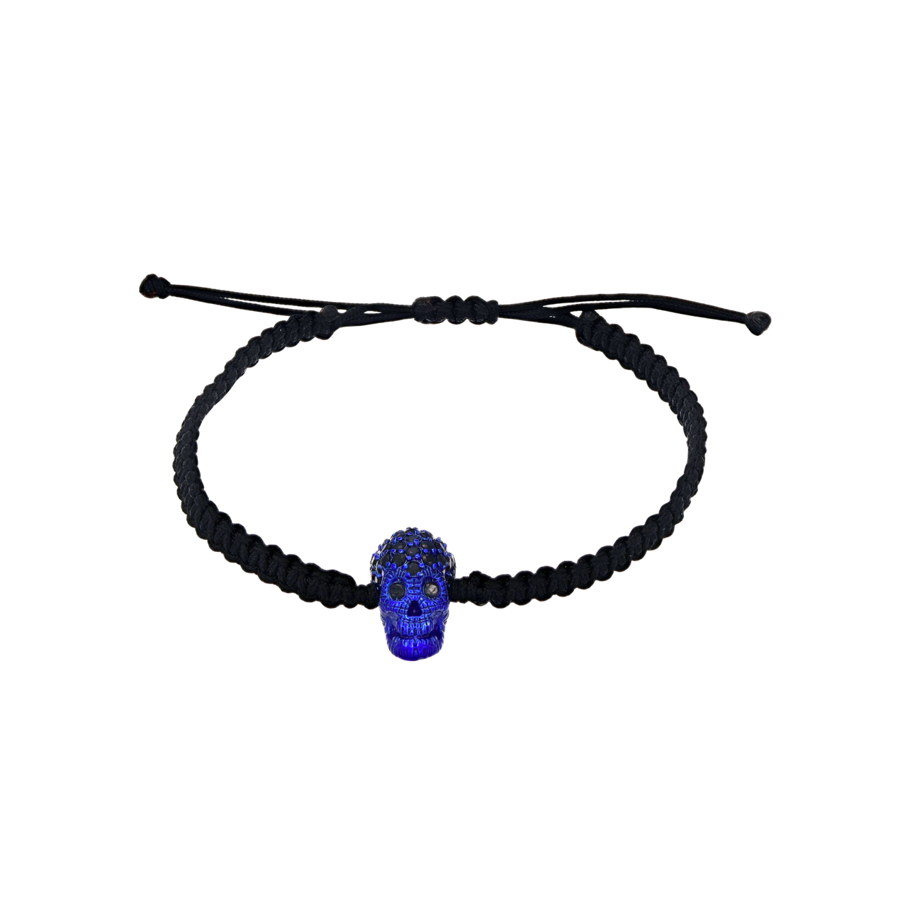 Black Braided Bracelet with Pavé Skull with Blue Nanoceramic Coating and Black Stones
