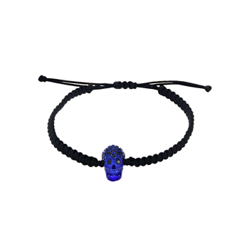Black Braided Bracelet with Pavé Skull with Blue Nanoceramic Coating and Black Stones