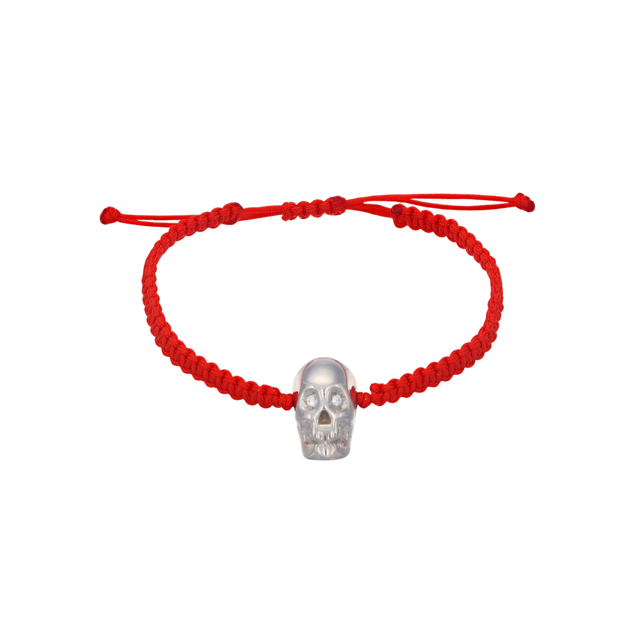 Red Braided Bracelet With Smooth Skull White Nanoceramic And White Stones