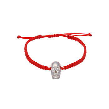 Red Braided Bracelet With Smooth Skull White Nanoceramic And White Stones