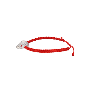 Red Braided Bracelet With Smooth Skull White Nanoceramic And White Stones