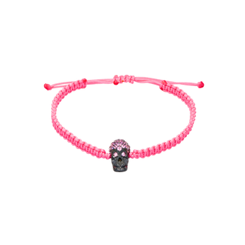 Pink Braided Bracelet With Black Pavé Skull With Pink Stones