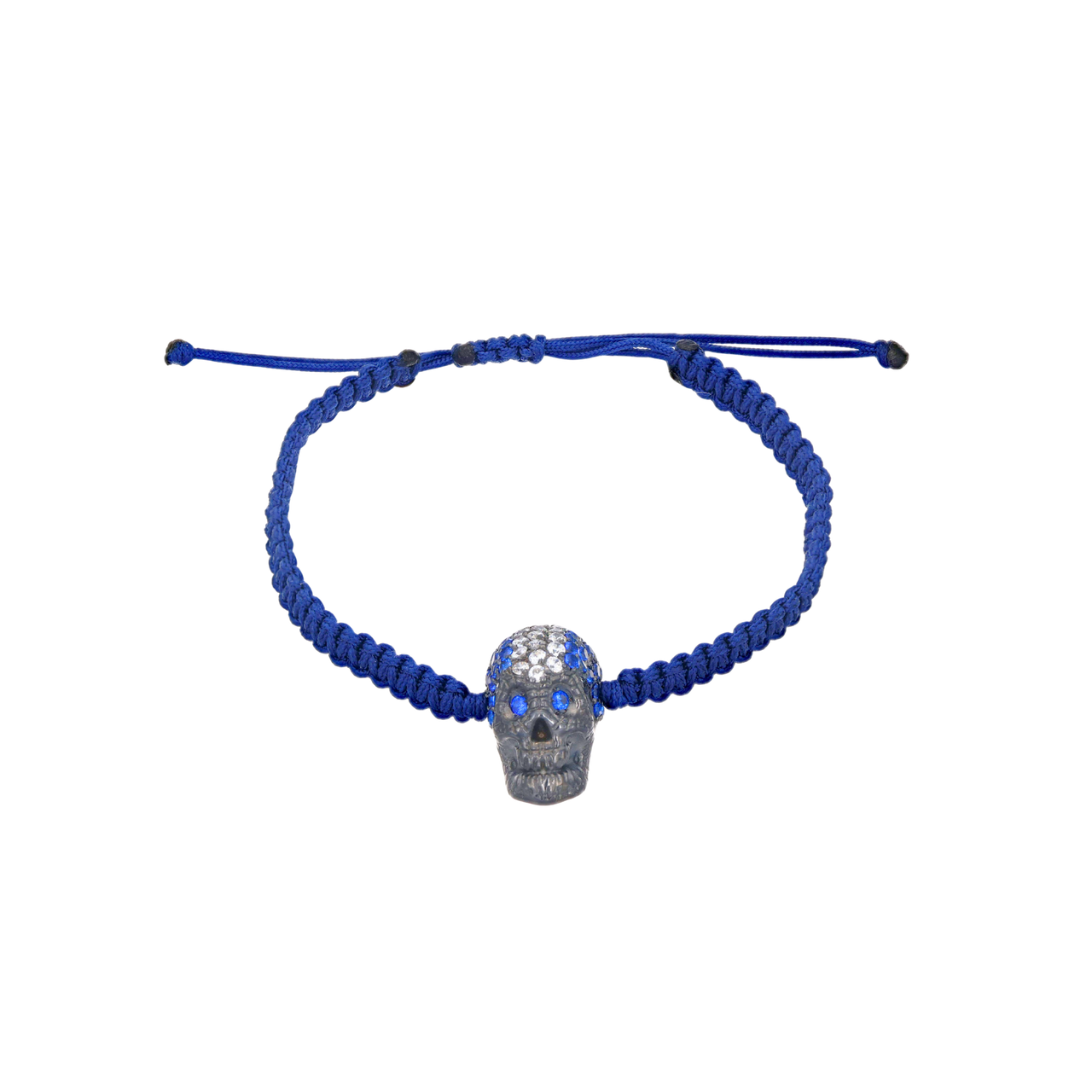 Blue Braided Bracelet With Black Pavé Skull With Blue/White Stones