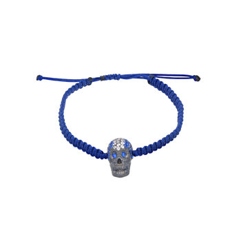 Blue Braided Bracelet With Black Pavé Skull With Blue/White Stones