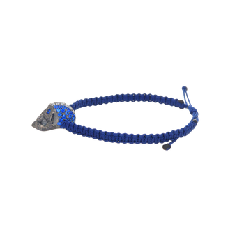 Blue Braided Bracelet With Black Pavé Skull With Blue/White Stones