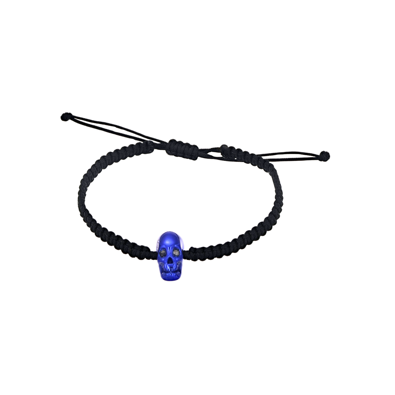 Black Braided Bracelet With Smooth Skull Blue Nanoceramic And Black Stones