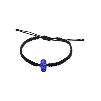 Black Braided Bracelet With Smooth Skull Blue Nanoceramic And Black Stones