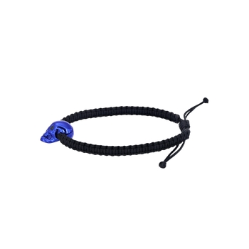 Black Braided Bracelet With Smooth Skull Blue Nanoceramic And Black Stones
