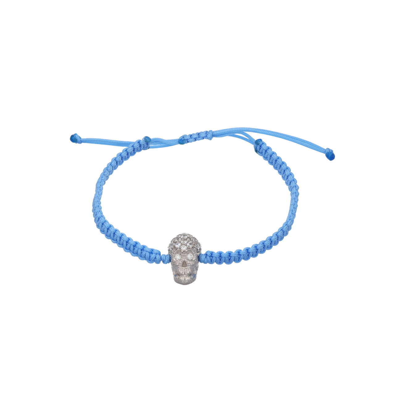 Light Blue Braided Bracelet With White Pavé Skull With White Stones