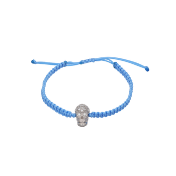 Light Blue Braided Bracelet With White Pavé Skull With White Stones