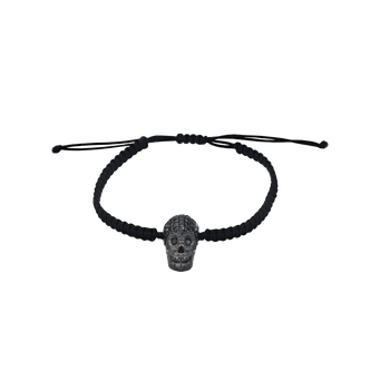 Black Braided Bracelet With Black XL Pavé Skull With Black Stones