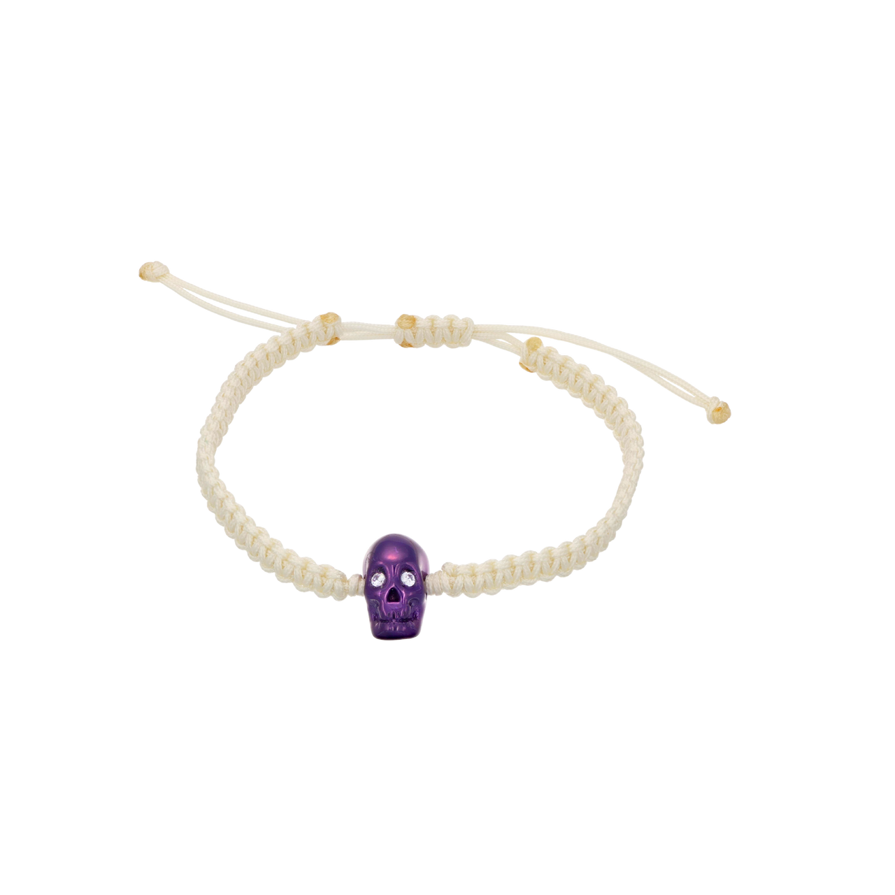 White Braided Bracelet With Smooth Skull Purple Nanoceramic And Violet Stones