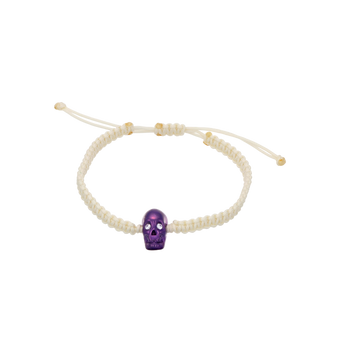 White Braided Bracelet With Smooth Skull Purple Nanoceramic And Violet Stones