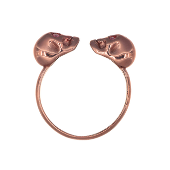 Double Skull Ring With Pink Nanoceramic Coating And Pink Stones