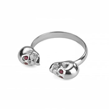 White Double Skull Ring With Red Stones