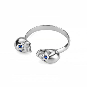 White Double Skull Ring With Blue Stones