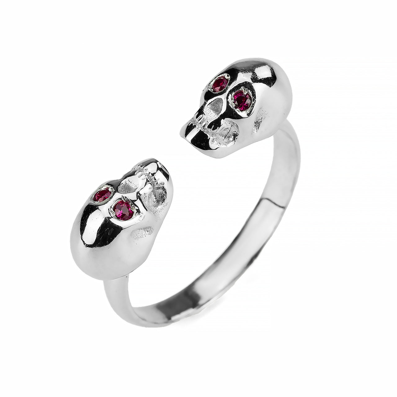 White Double Skull Ring With Red Stones