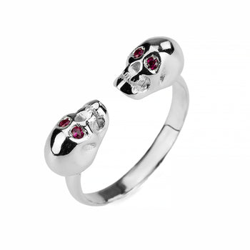 White Double Skull Ring With Red Stones