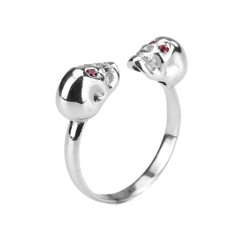 White Double Skull Ring With Red Stones