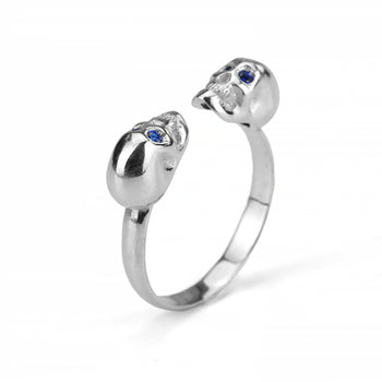 White Double Skull Ring With Blue Stones