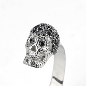 White Solid XL Pavé Skull Bracelet With Black Stones