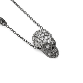 Black Pavé Skull Necklace With White Stones