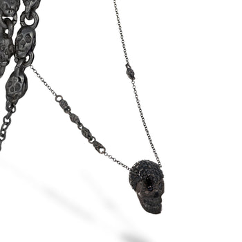 Black Pavé Skull XL Necklace With Black Stones