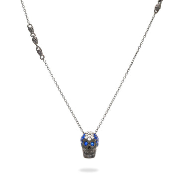 Black Pavé Skull Necklace With Blue/White Stones