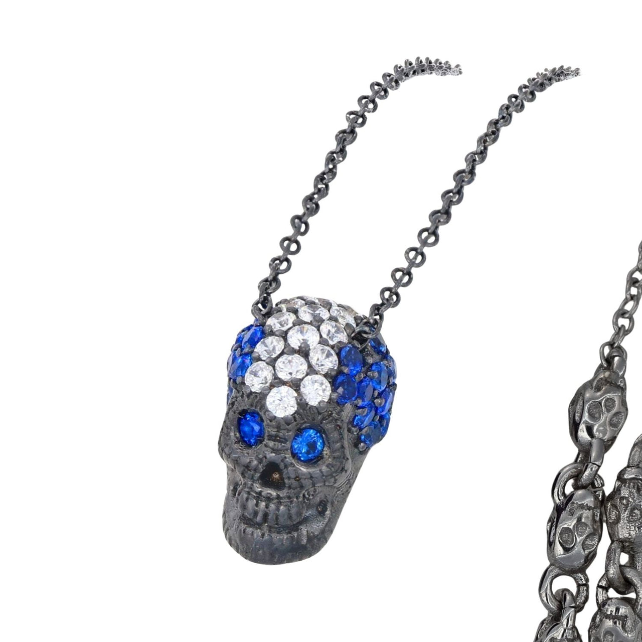 Black Pavé Skull Necklace With Blue/White Stones