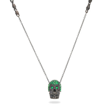 Black Pavé Skull XL Necklace With Green Stones